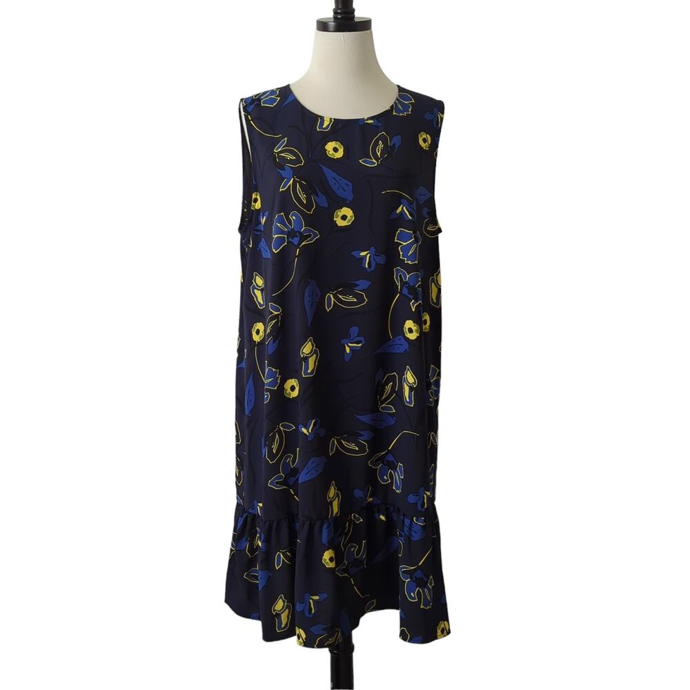 Halogen Women's Sleeveless Shift Dress Size Large Blue Yellow Floral Midi Ruffle